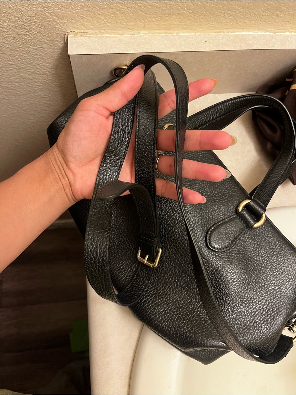 Black Leather Tote Handbag with Gold Hardware - Picture 10 of 11